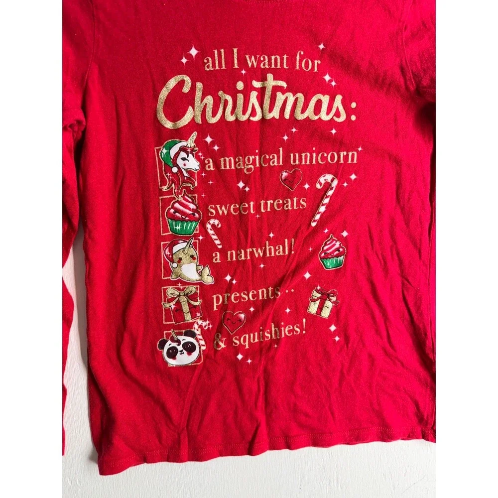 The Childrens Place Girls Red Christmas Unicorn Narwhal Graphic Tee XL 14